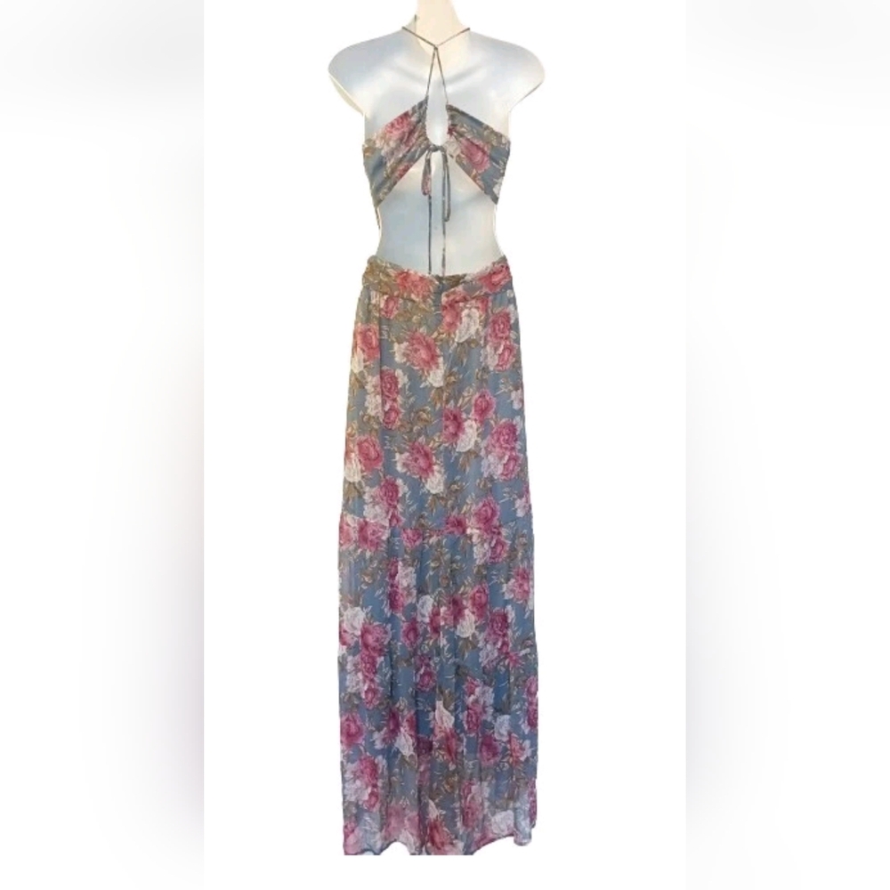 Astr Blue Floral Maxi Dress with Pink Roses - Picture 7 of 8